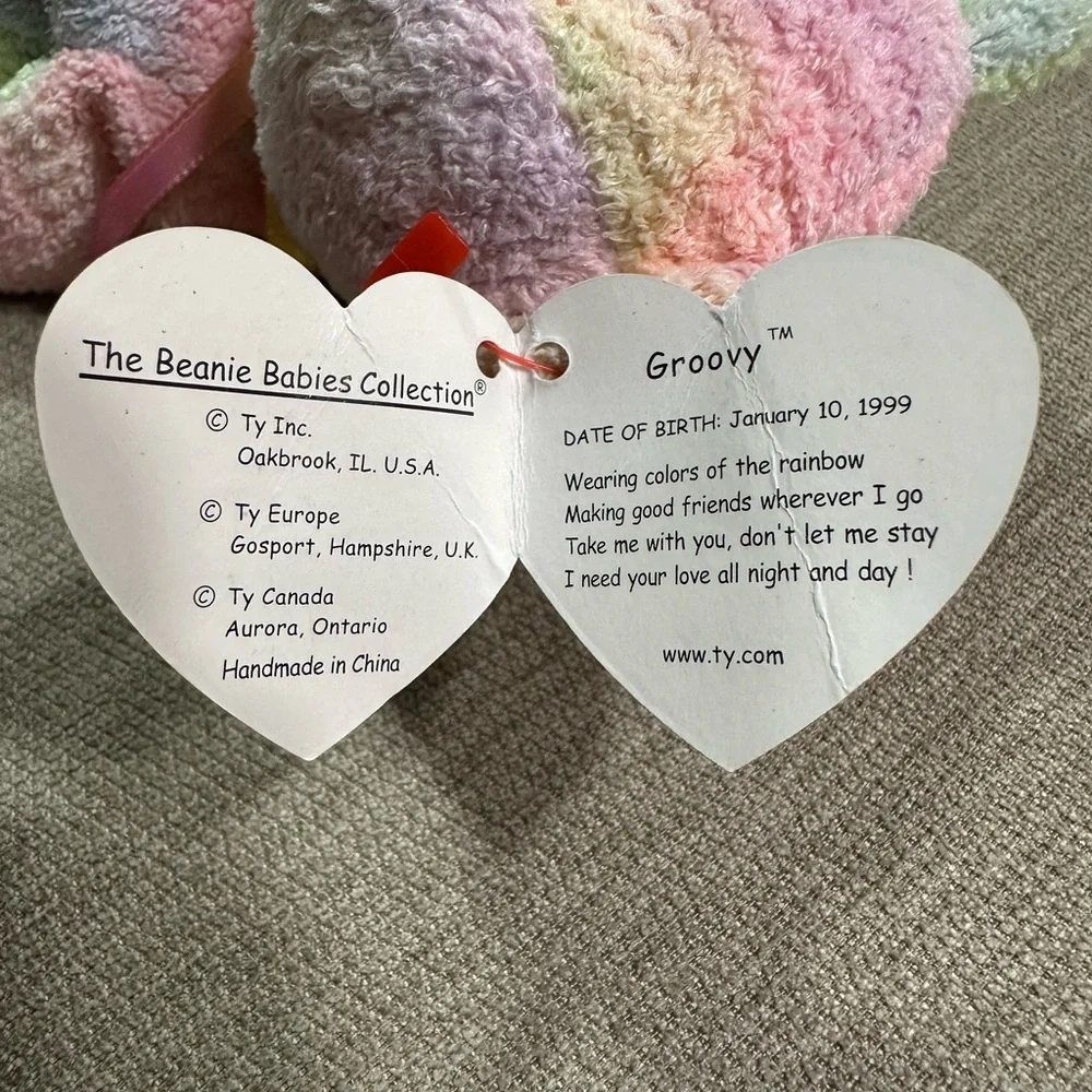 Ty Beanie Baby Groovy Pink and Green Stuffed Animal Bear